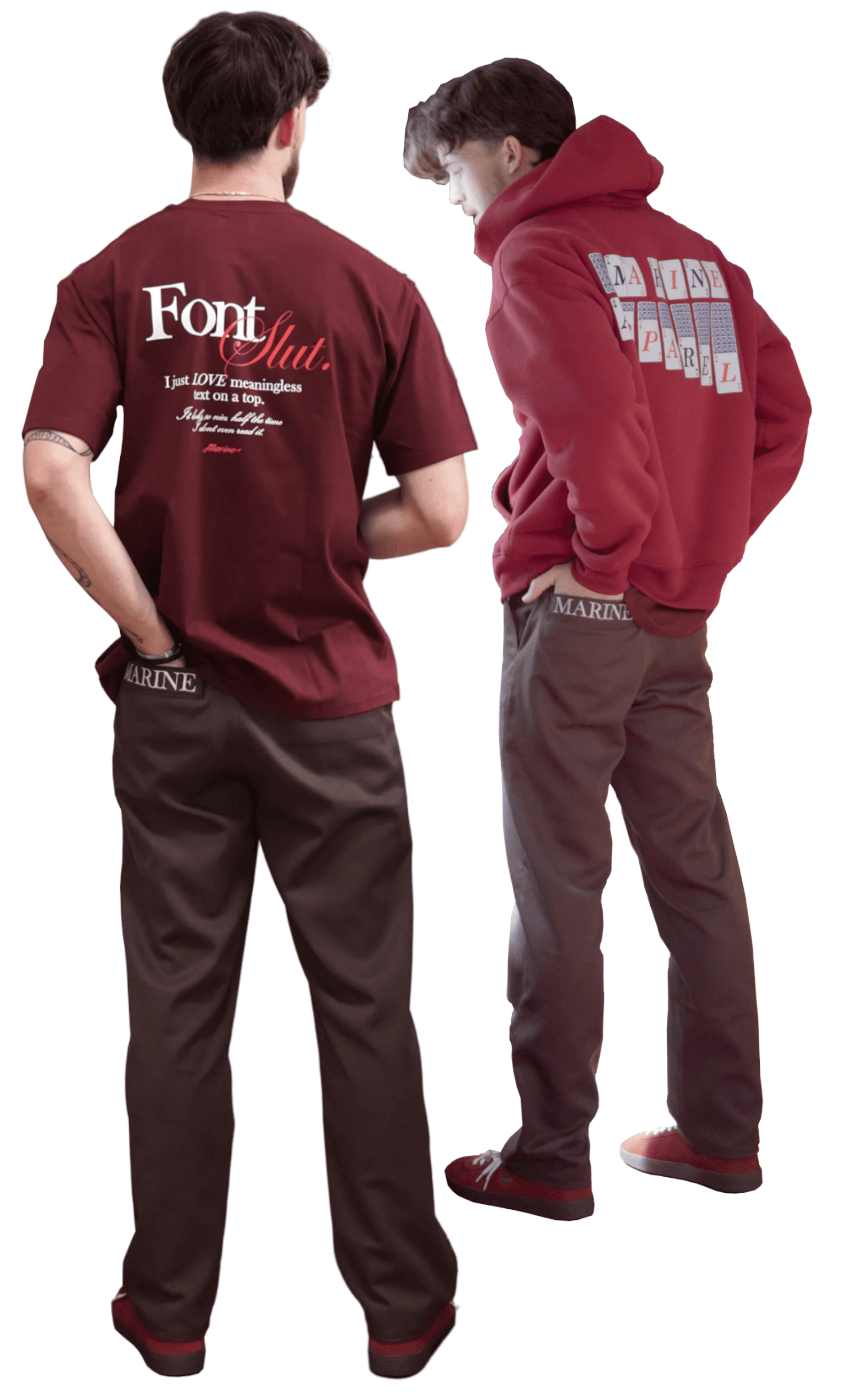 Marine Apparel Font Slut Burgundy tee, Solitaire red Hoodie, and brown Tulip Trousers